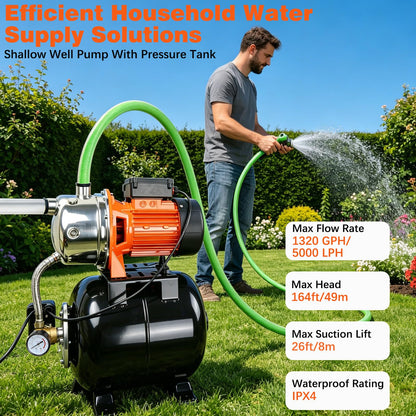 Ioboneed 1 HP Shallow Well Pump with Pressure Tank, 1000 GPH, Automatic Irrigation Water Booster Pump with 130 ft Head Lift 20/40 PSI Pressure Switch 304 Stainless Steel Pump Head for Home Garden Lawn