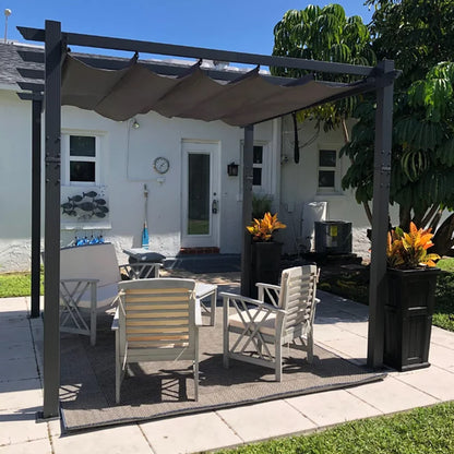 PURPLE LEAF 10' X 10' Outdoor Retractable Pergola with Sun Shade Canopy Patio Metal Shelter for Garden Porch Beach Pavilion Grill Gazebo Modern Yard Grape Trellis Pergola, Gray