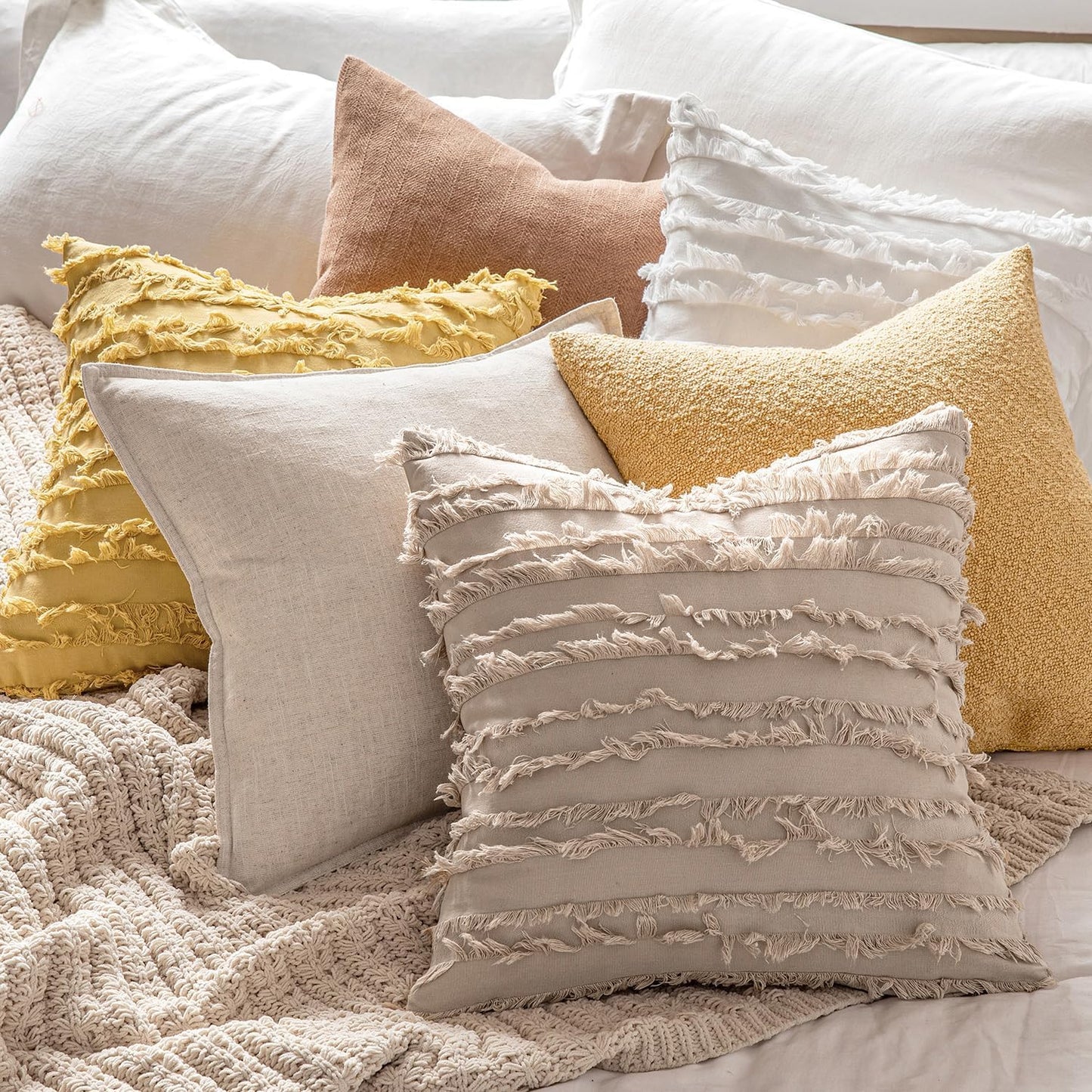 MIULEE Set of 2 Decorative Boho Throw Pillow Covers, Linen Striped Jacquard Pattern Cushion Covers, 16x16 Inch