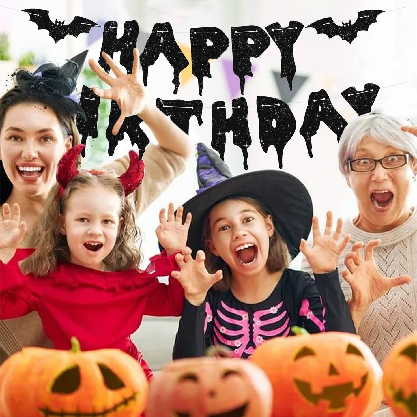 RICHHHA Glitter Black Glitter Happy Birthday Halloween Banner- NO DIY - Halloween Hanging Paper Garland Bunting Banner Decorations, Party Supplies for Kids Boy Girl Birthday