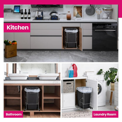 HOLDN’ STORAGE Pull Out Trash Can Under Cabinet - Trash Can Not Included - Dedicated Space for Disposable Trash Bags, Requires a 11” Cabinet Opening, Adjustable, Heavy Duty, Anti Rust Chrome Finish
