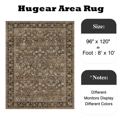 HUGEAR 8x10 Machine Washable Rugs Brown Hallway Large Area Rug Indoor Accent Rug Floral Low Pile Carpet Soft Throw Aesthetic Rug Bedroom Living Room Office Dining Room Kitchen Laundry Room