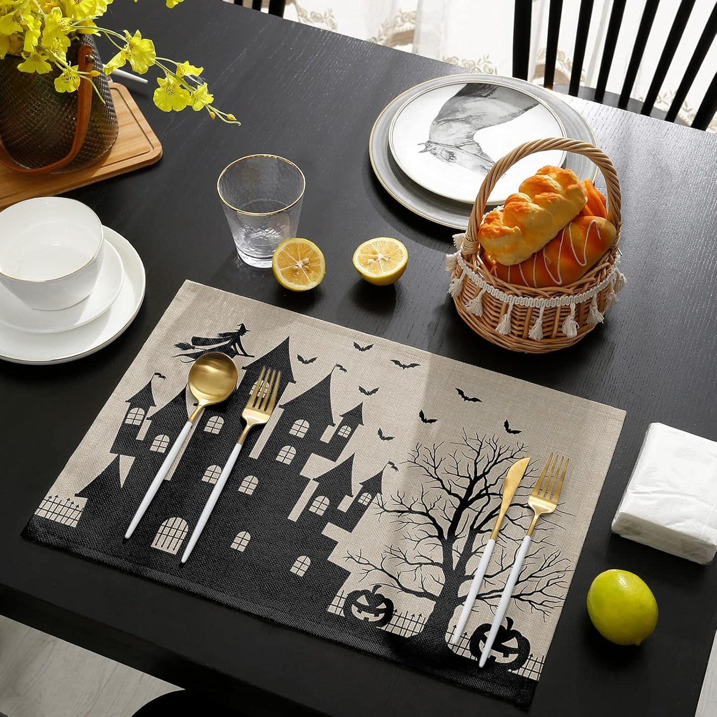Halloween Placemats Set of 4, Cotton Linen Place Mats with Castle Witch, Pumpkin Lamp, Bat for Dinner Party