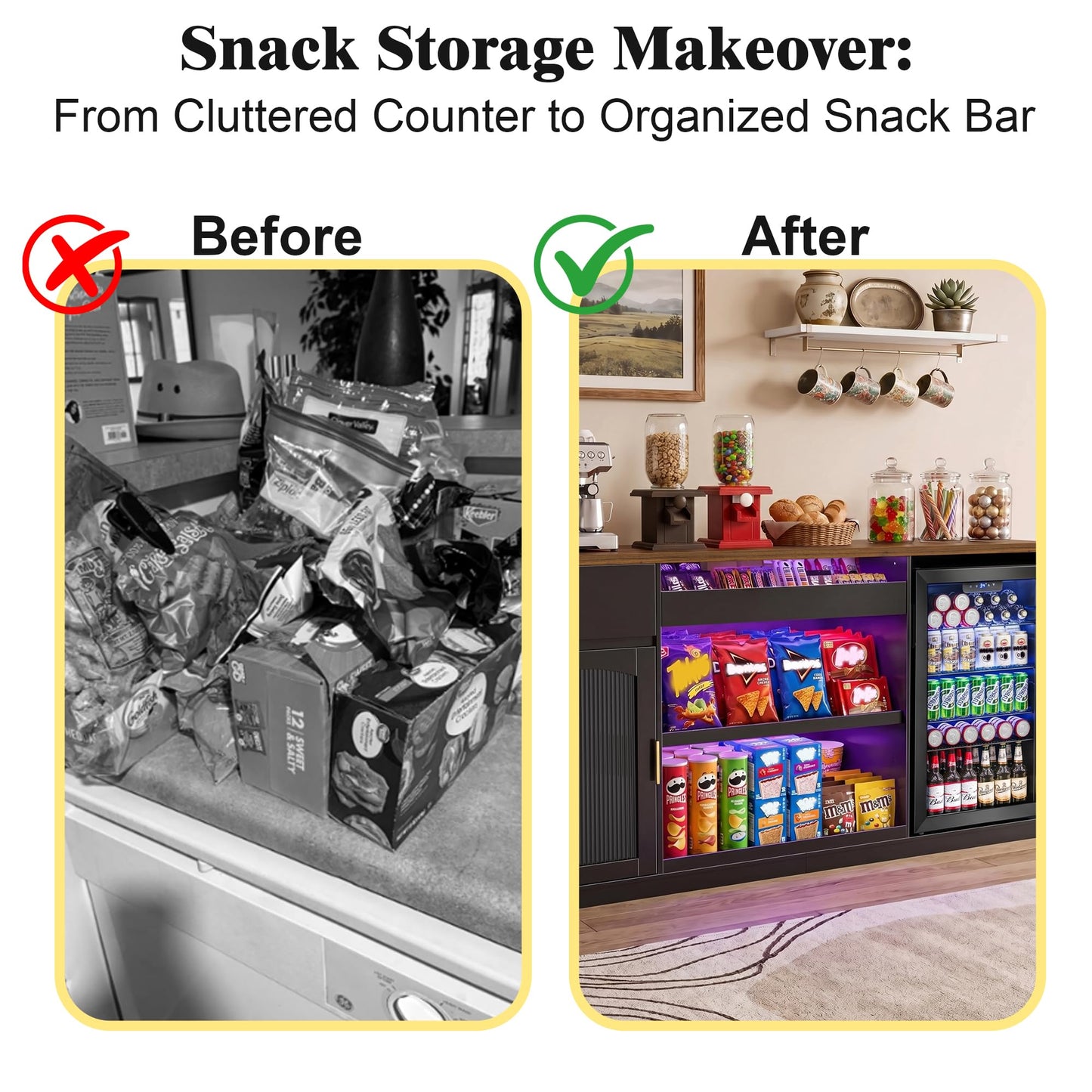 GDLF Snack Bar Cabinet with Fridge Space, 70.1" Snack Organizer with Storage and Candy Display Shelf, Coffee Station for Home Theater or Game Room with LED Lights, Black