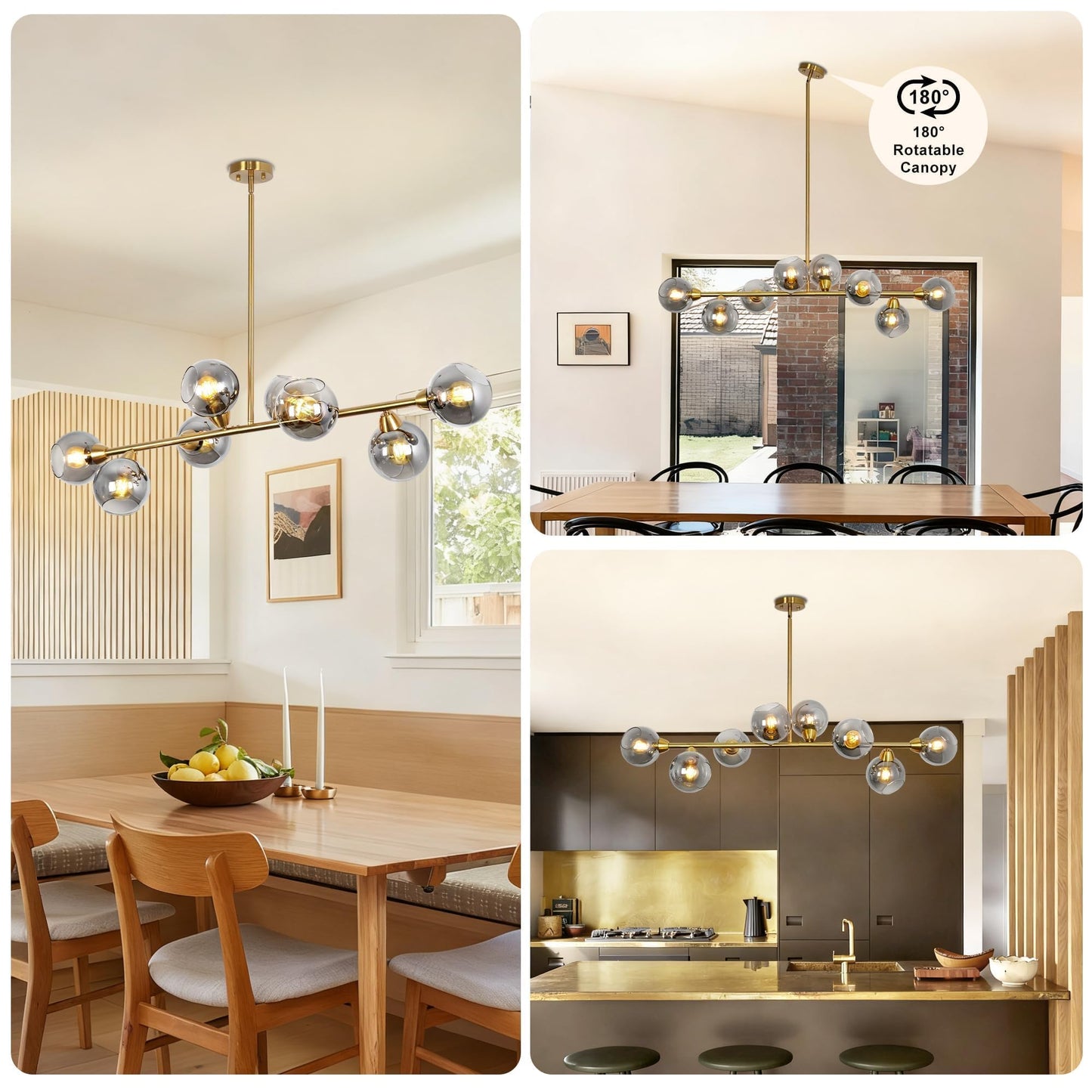 Lzawvm Linear Chandeliers for Dining Room 8-Lights Sputnik Pendant Lights Kitchen Island Mid Century Modern Smoky Glass Chandelier 50 Inch Farmhouse Dining Light