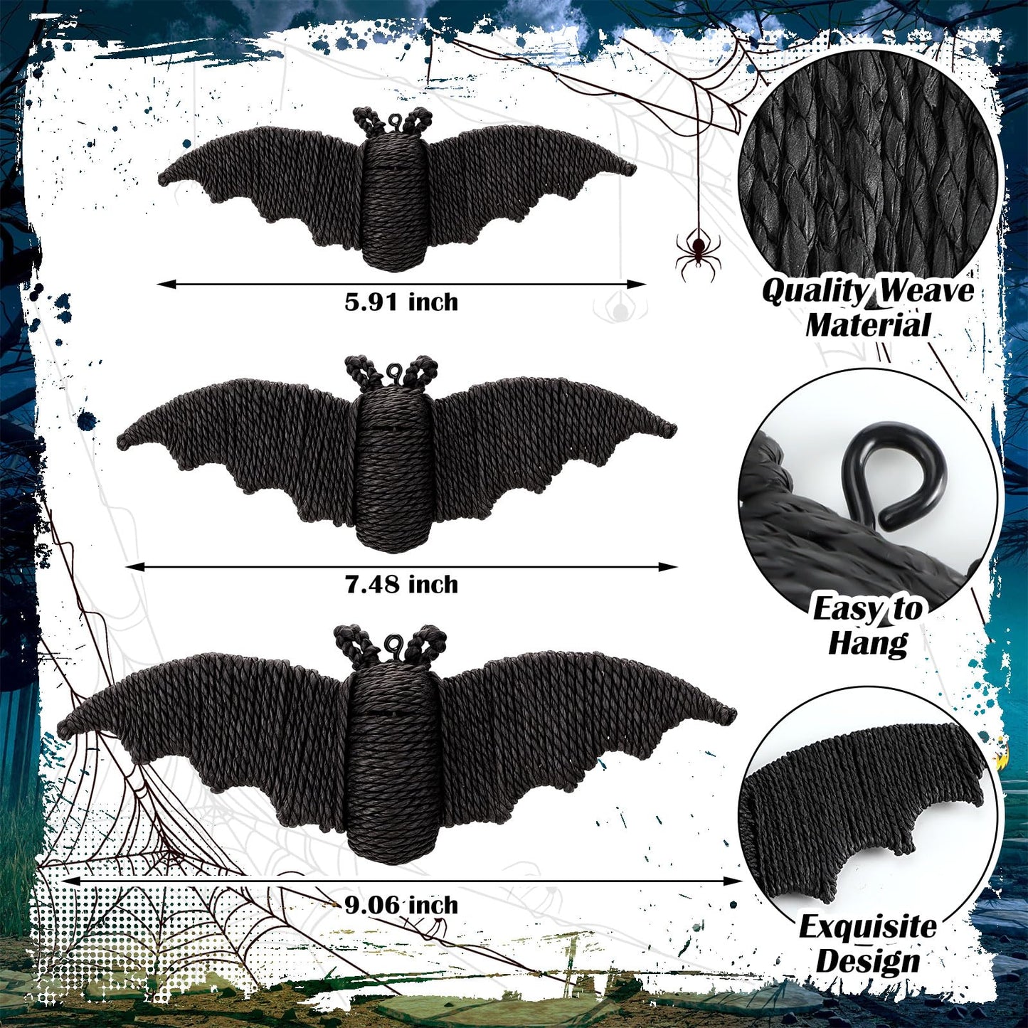 Beeveer 3 Pcs Woven Rattan Bat Wall Hanging Halloween Decor, 3D Scary Handcrafted Black Rope Bats, Rustic Natural Farmhouse Halloween Creepy Decorations for Home Fireplace Door, 9.06/7.48/5.91 Inch