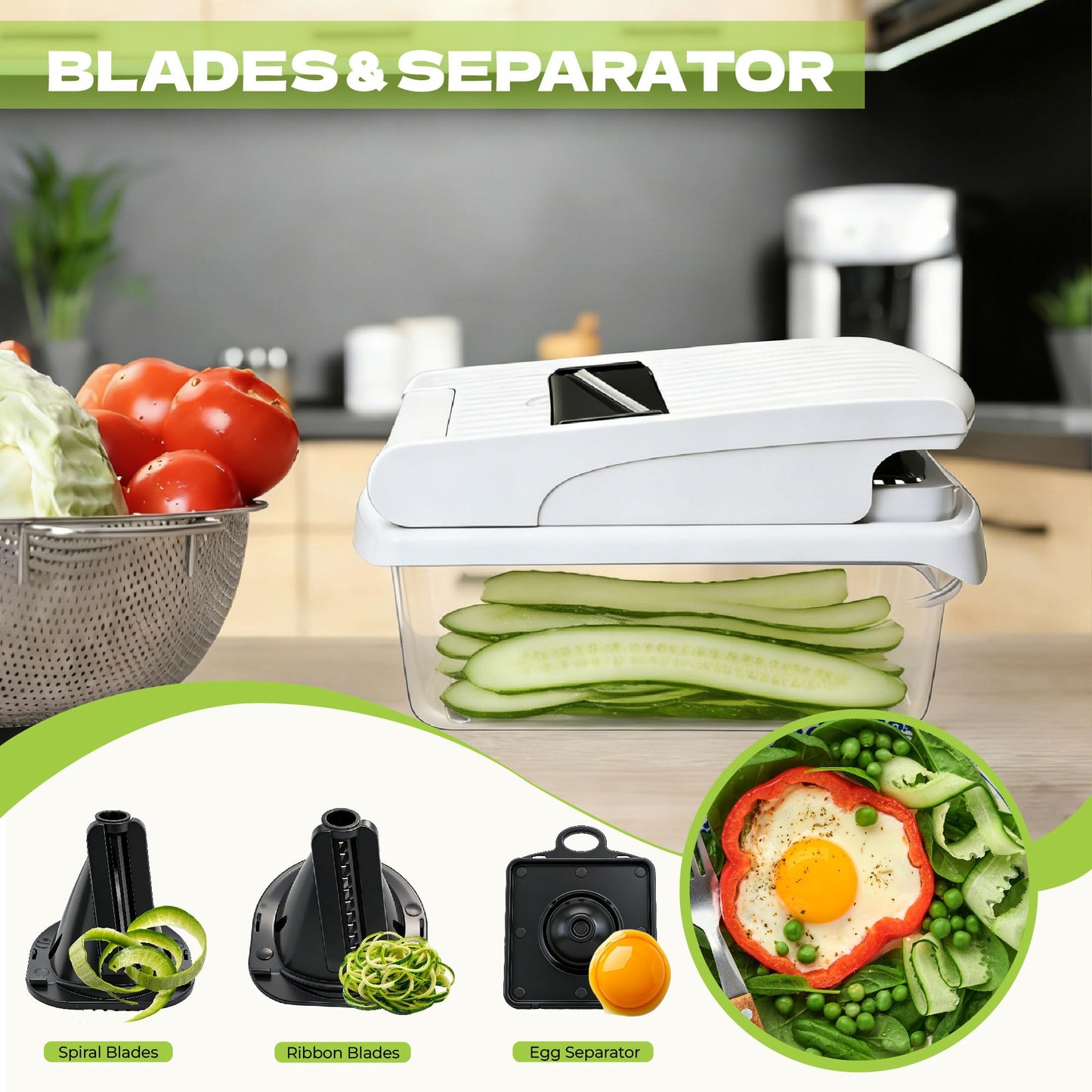 KISIQI Vegetable Chopper With Container 4.5" x 9", 17-in-1 Food Chopper with Onion Slicer & Potato Slicer, Built-in Storage Box for Kitchen Gadgets, Includes Safety Gloves & Peeler for Home Essentials