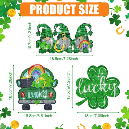 Burbell 3Pcs St. Patrick's Day Diamond Painting Kit Patrick's Green Lucky Shamrock Gnome Truck Diamond Art Kits Hanging Sign 5d DIY Irish Rhinestone Art Painting for Wall Windows Door