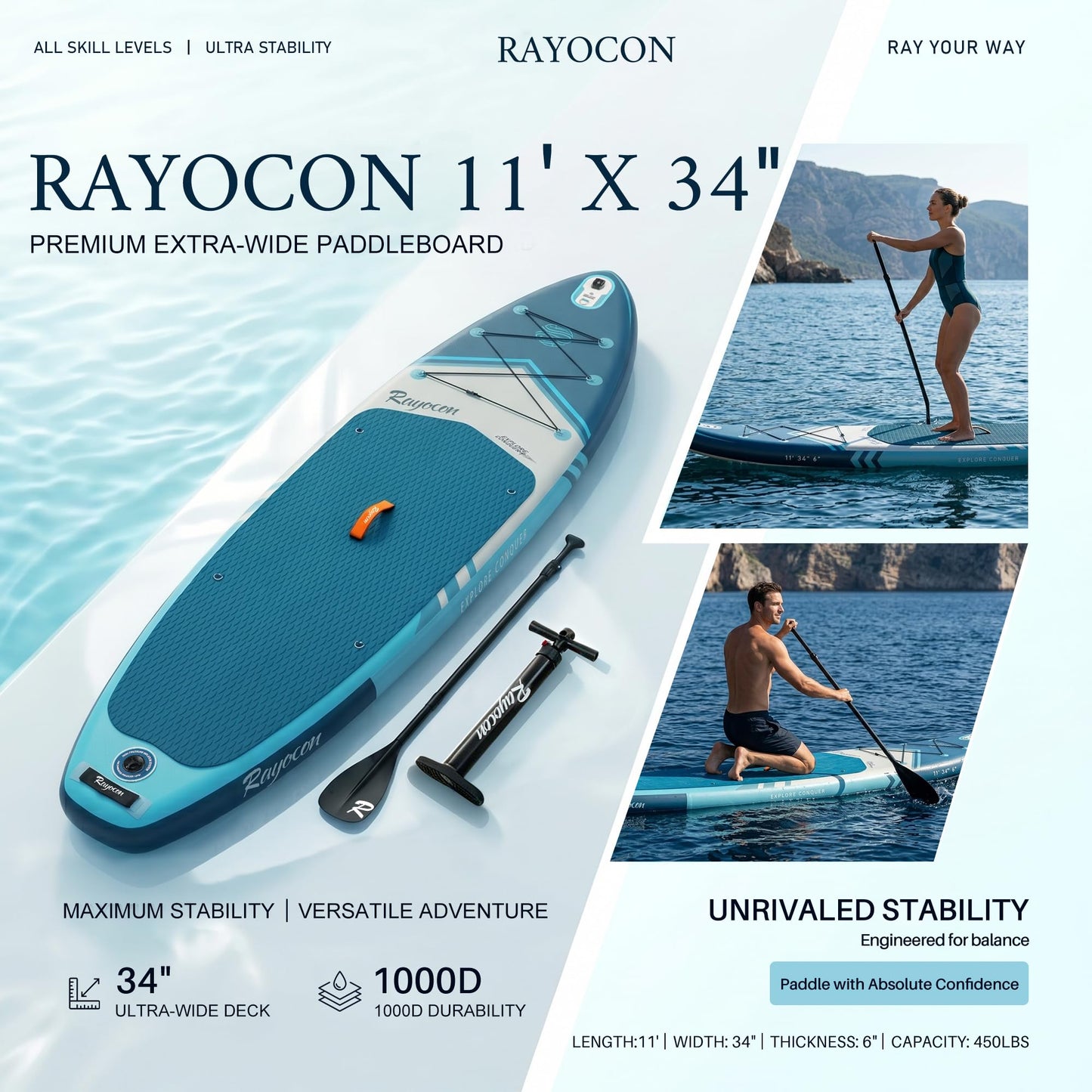 Inflatable Stand Up Paddle Board 11'×34" Extra Wide SUP, Ultra-Stable for Adults & Dog, 450lbs, Dual Chamber Pump, Fiberglass Paddle, Military Grade Dual Layer, Deep Sea Gradient Design