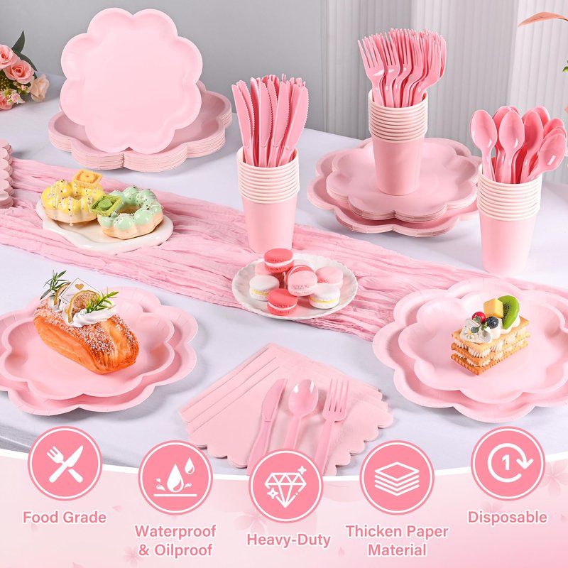 350 Pcs Pink Paper Plates and Napkins Set, Tableware Set for 50 Guests Include Disposable Pink Scalloped Plates, Napkins, Cups, Knives, Forks & Spoon for Baby Shower Mother's Day Wedding Birthday