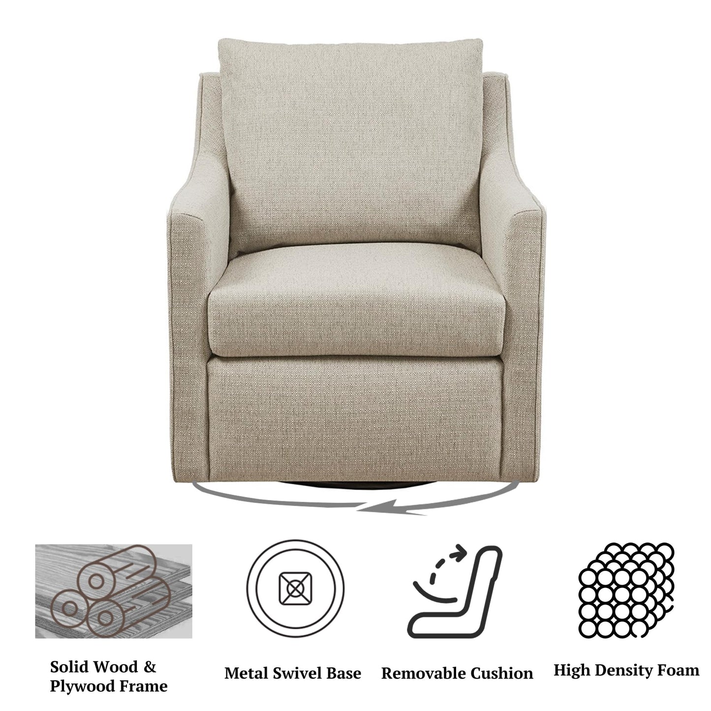 Martha Stewart Amber Swivel Chair for Living Room Barrel Style Bedroom Lounge Removable Foam Seat Cushion Upholstered, Nursery Furniture, Metal Base, Fully Assembled, 30.5" D x 30" W x 35" H, Natural