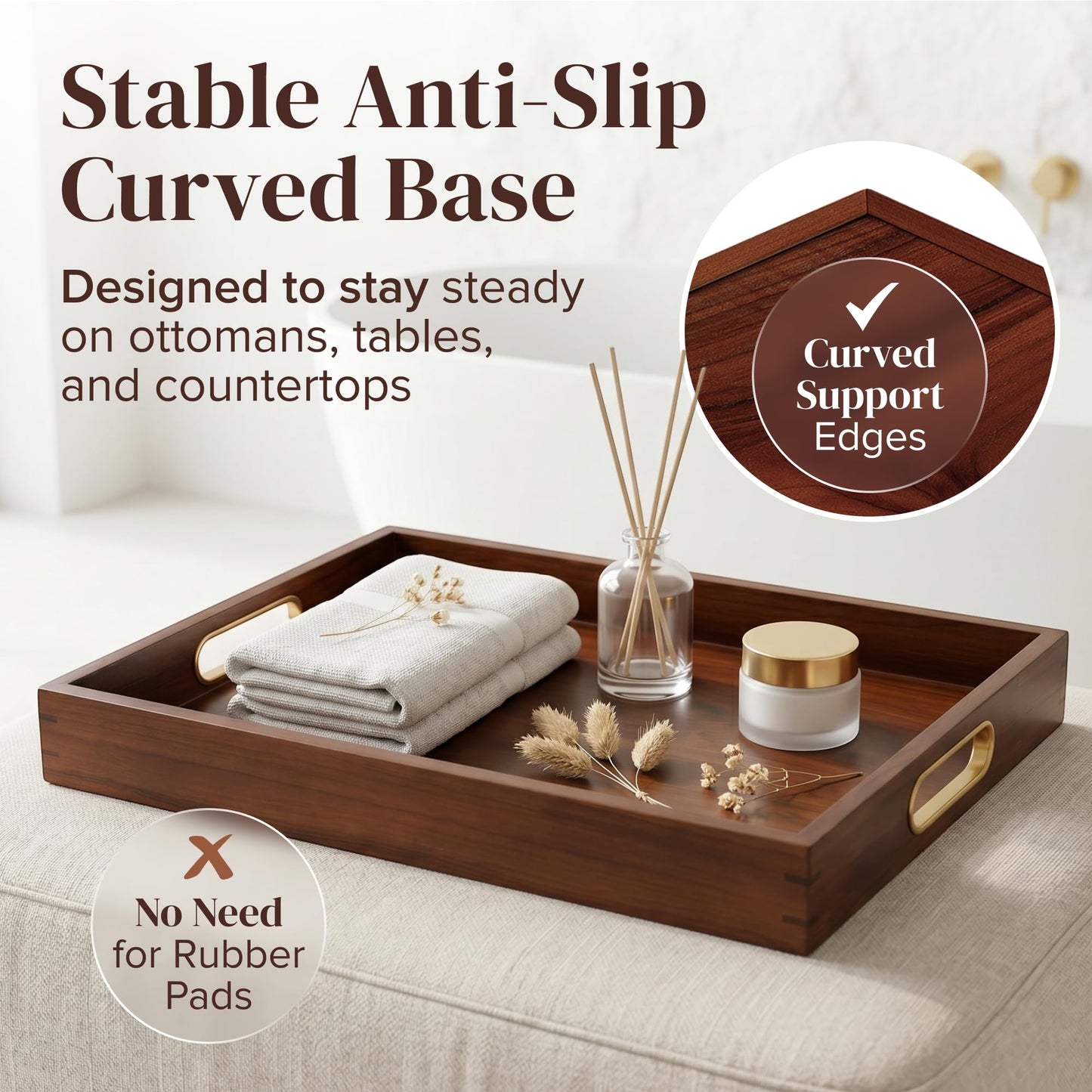 Jack & Juliet Teak Wood Ottoman Tray – Large Wooden Multifunctional Tray with Real Brass Handles - Non Slip Base in Food-Safe Finish - Gift-Ready Packaging for Coffee Table and Home Decor (Walnut)