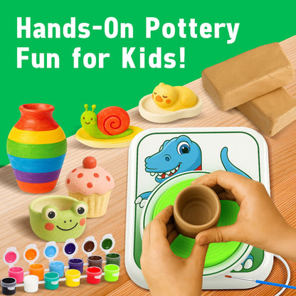ROHSCE Pottery Wheel for Kids, Dinosaur Theme Pottery Studio Kit, Arts and Crafts for Boys and Girls Ages 5-12, Creative Holiday Gift with Non-Toxic Clay