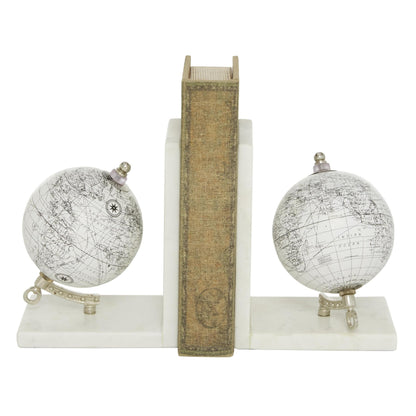 Deco 79 Marble Globe Decorative Bookends Non Skid Bookends with Silver Metal Accents, Set of 2 Office Bookends5"W, 7"H, White