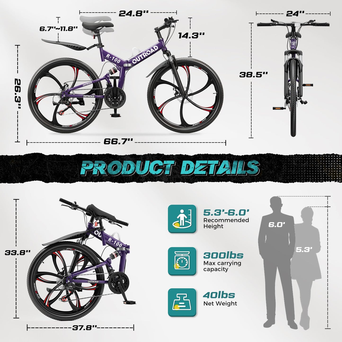 MarKnig 26 Inch Adult Folding Bikes/Mountain Bikes, 21 Speeds Mountain Bicycles with Full Suspension, Dual Disc Brake, High Carbon Steel Frame, Foldable Bike for Men/Women/Teen, HM-Purple
