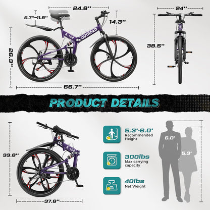 MarKnig 26 Inch Adult Folding Bikes/Mountain Bikes, 21 Speeds Mountain Bicycles with Full Suspension, Dual Disc Brake, High Carbon Steel Frame, Foldable Bike for Men/Women/Teen, HM-Purple