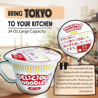 Sophie & Panda Porcelain Instant Noodle Bowl Mug With Handle 34 Oz - A Great Accessory For Anyone Who Loves Asian Noodles - One Novelty 5.5” X 4.5” Ramen Bowl with Lid (Red)