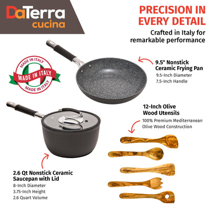 DaTerra Cucina Nonstick Small Chef Bundle – 2.6 Qt Ceramic Saucepan with Lid, 9.5" Frying Pan, 5-Piece Olive Wood Cooking Utensils – Oven Safe, Induction Compatible, PTFE & PFOA Free – Made in Italy
