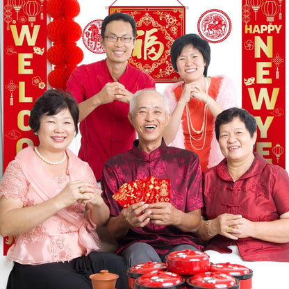 Marspark 20 Pcs Chinese New Year Decorations 2026 Set, Lunar Year Banner Decor Couplet Chunlian Fu Character Red Paper Lanterns Porch Sign Window Decor Envelope for Spring Home Office Festival Party
