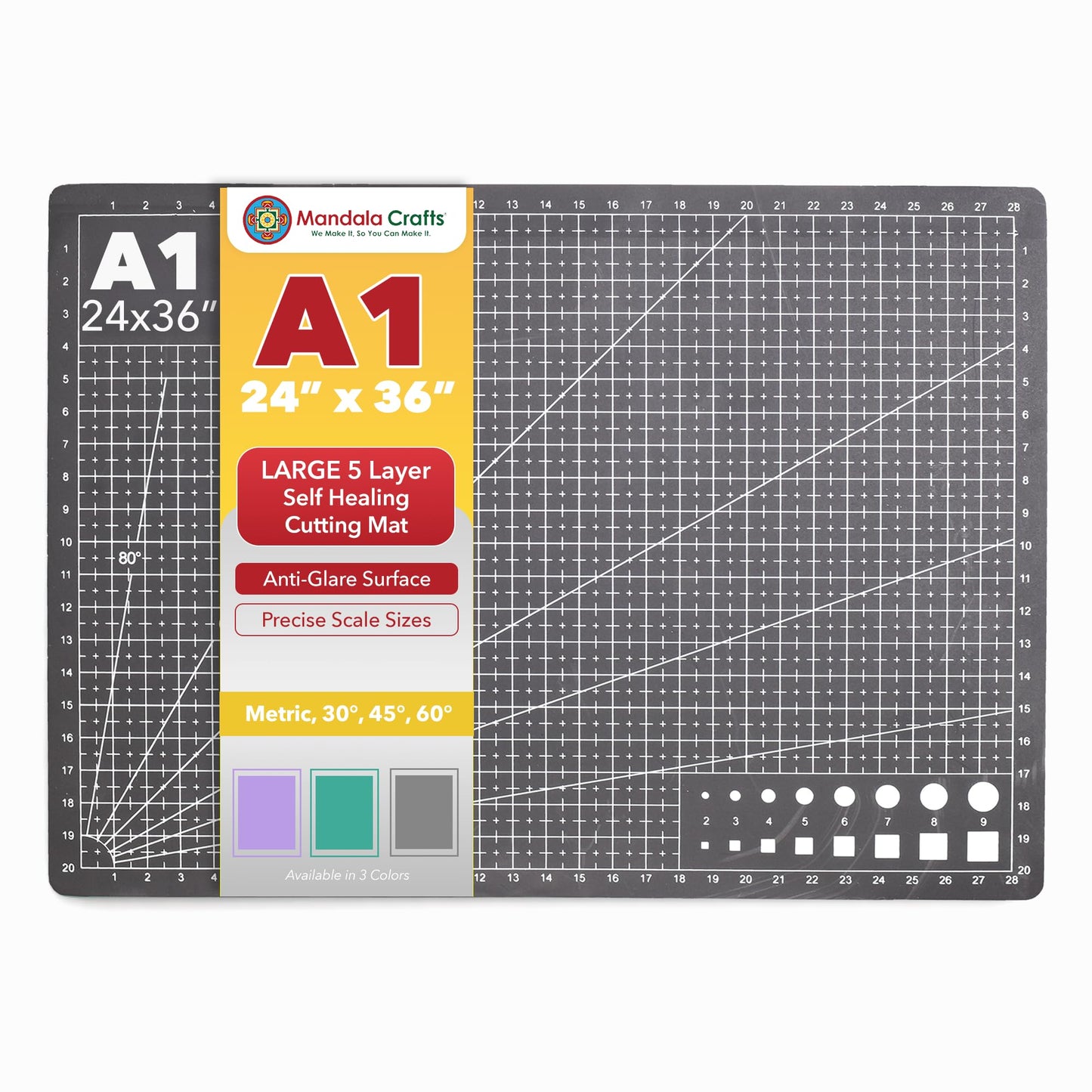 Mandala Crafts Self-Healing Cutting Mat, Black Gray 24" x 36" – A1 Large Double-Sided 5-Ply Rotary Cutting Board for Sewing, Quilting, Fabric, Leather, Craft, and Scrapbooking