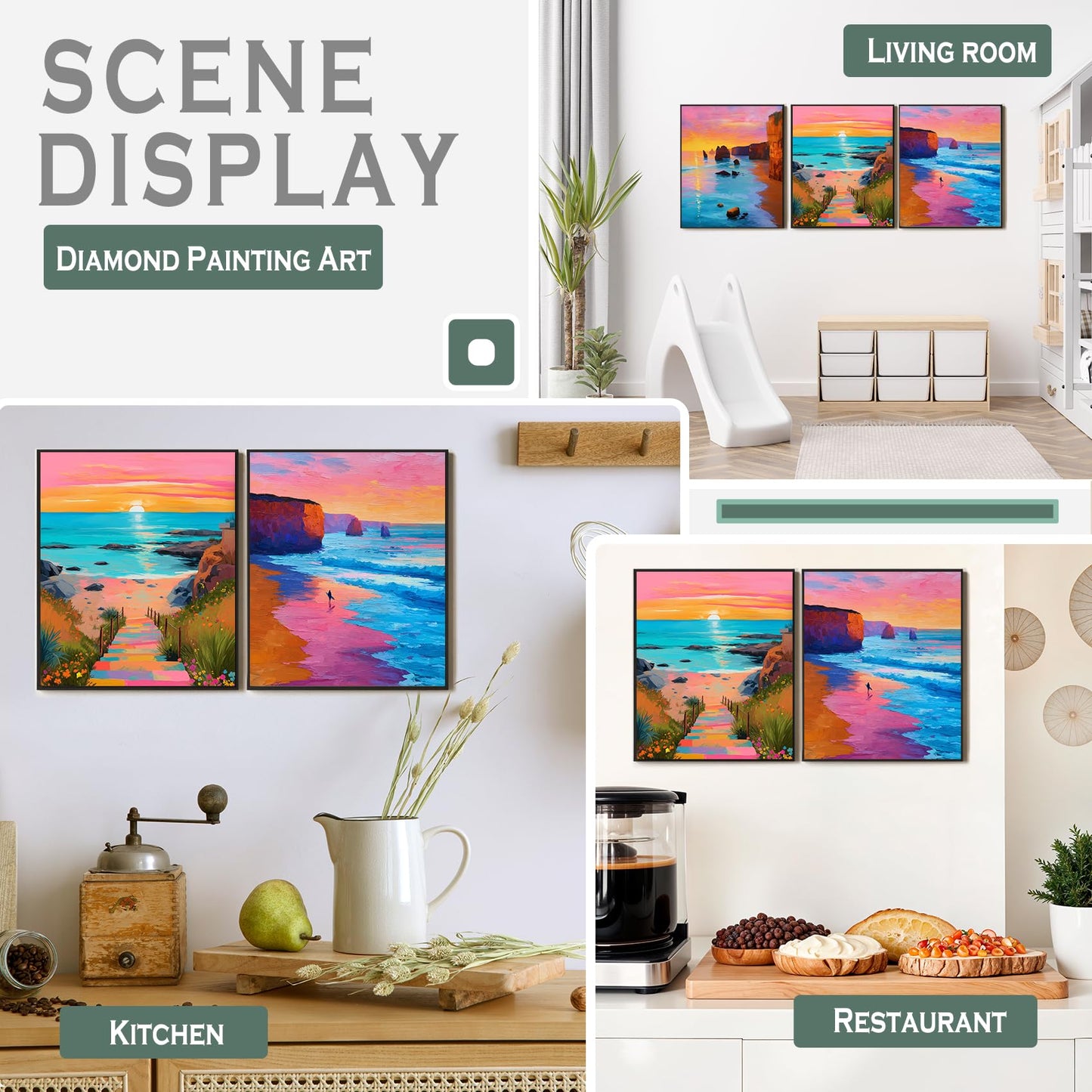 sdfkmlcdl Modern Abstract Ocean Beach Sunset Diamond Art Kits for Adults, Pink Coastal Landscape Full Drill Diamond Painting Kits for Adults Beginners 3 Pack, 9.8x11.8 Inch
