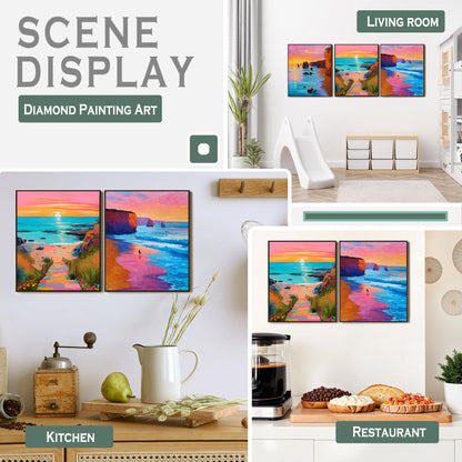 sdfkmlcdl Modern Abstract Ocean Beach Sunset Diamond Art Kits for Adults, Pink Coastal Landscape Full Drill Diamond Painting Kits for Adults Beginners 3 Pack, 9.8x11.8 Inch