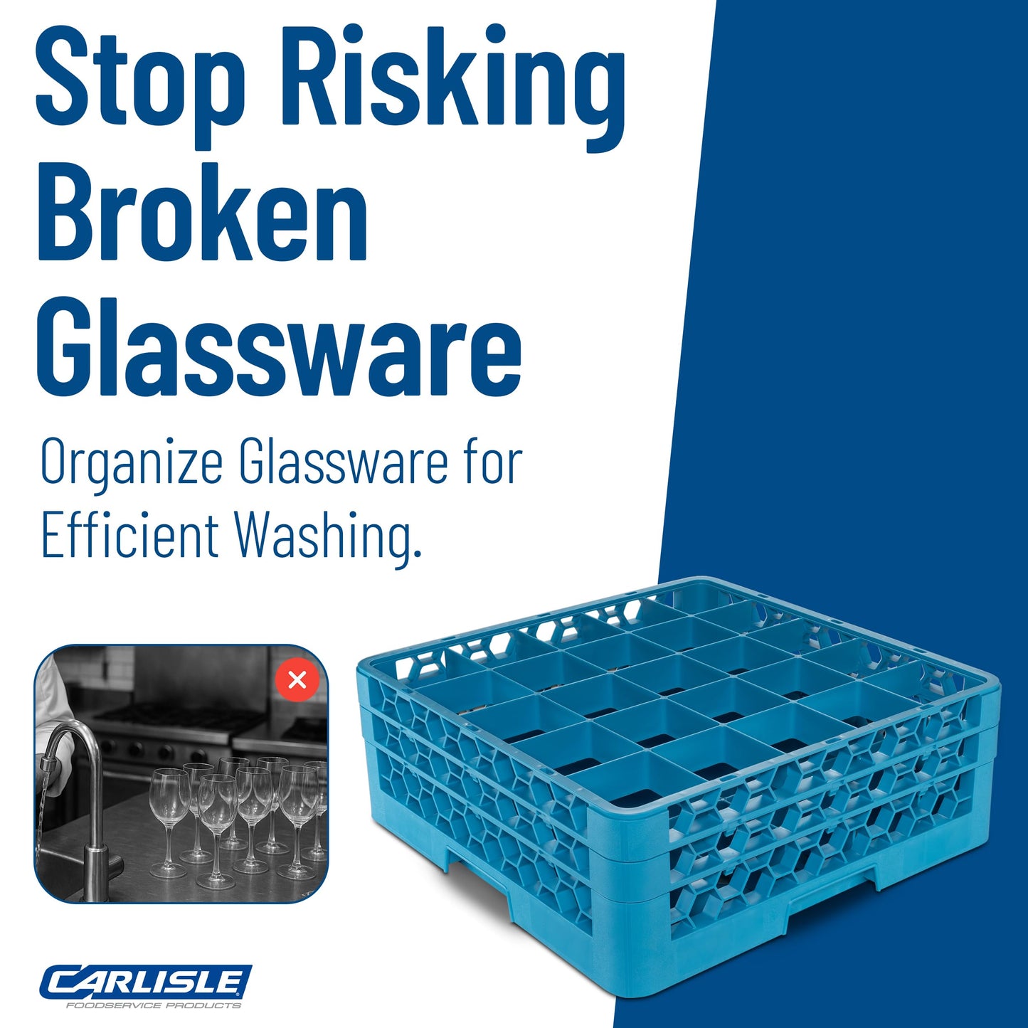 Carlisle FoodService Products OptiClean Plastic 25-Compartment Divided Glass Rack with Extender, Blue, (Pack of 3)