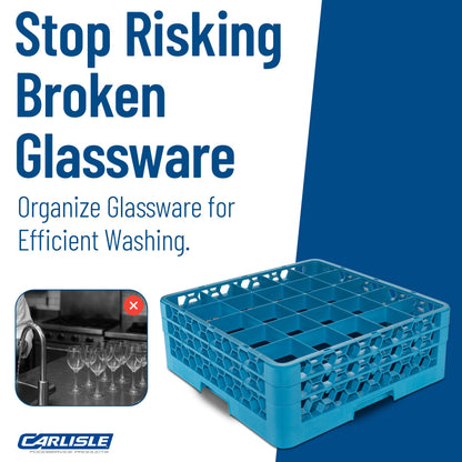 Carlisle FoodService Products OptiClean Plastic 25-Compartment Divided Glass Rack with Extender, Blue, (Pack of 3)