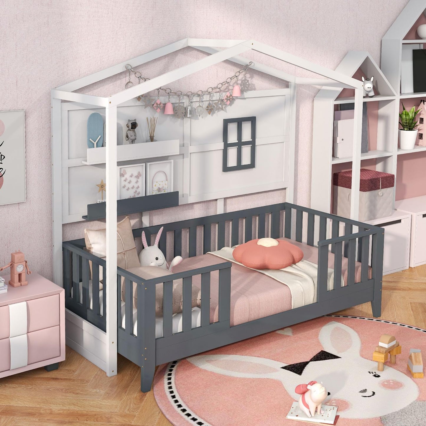 Giantex Twin House Bed, Solid Wood Montessori Bed Frame with 2 Storage Shelves, Fence & House Roof, Wood Slat Support, Low Twin Bed Frame for Kids Teens Girls Boys, No Box Spring Needed, White & Grey