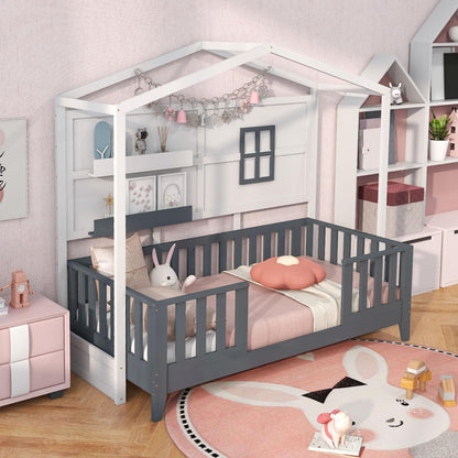 Giantex Twin House Bed, Solid Wood Montessori Bed Frame with 2 Storage Shelves, Fence & House Roof, Wood Slat Support, Low Twin Bed Frame for Kids Teens Girls Boys, No Box Spring Needed, White & Grey