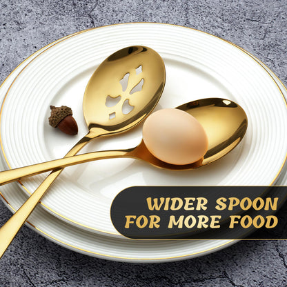 Keyoxy 4 Piece Stainless Steel Serving Spoon Set - 2 Large, 2 Slotted,Dishwasher Safe,10-Inch,Gold, for Parties/Kitchen/Buffet/Catering