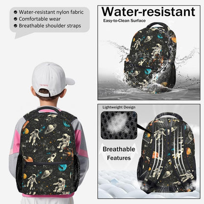 Jollitot Space Backpack for Boys with Insulated Lunch Box Pencil Case (3 Set), 17 Inch Large Lightweight School Bookbag for Elementary Middle School Kids, Waterproof Astronaut Travel Daypack (Black)