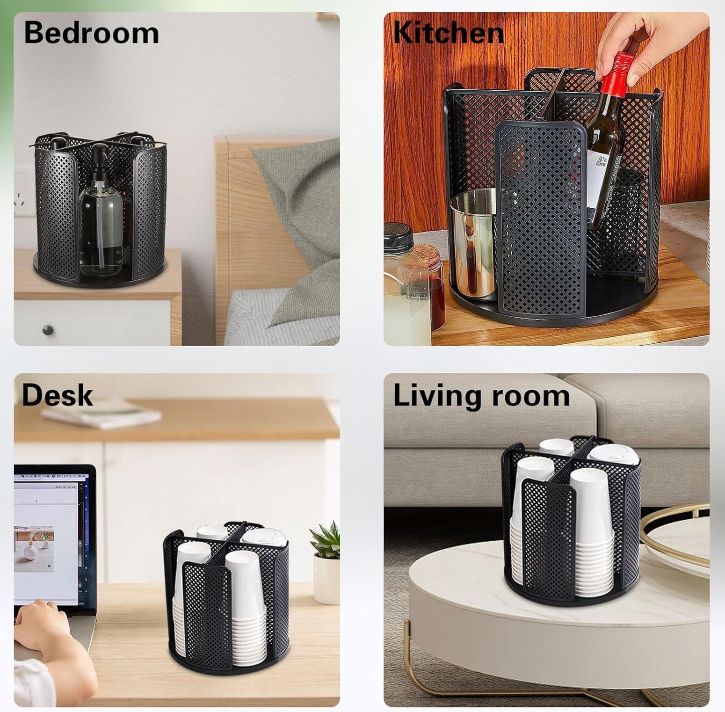 Black Rotated Cup and Lid Dispenser, Paper Cup Holder for Countertop with 4 Compartments for Coffee Station