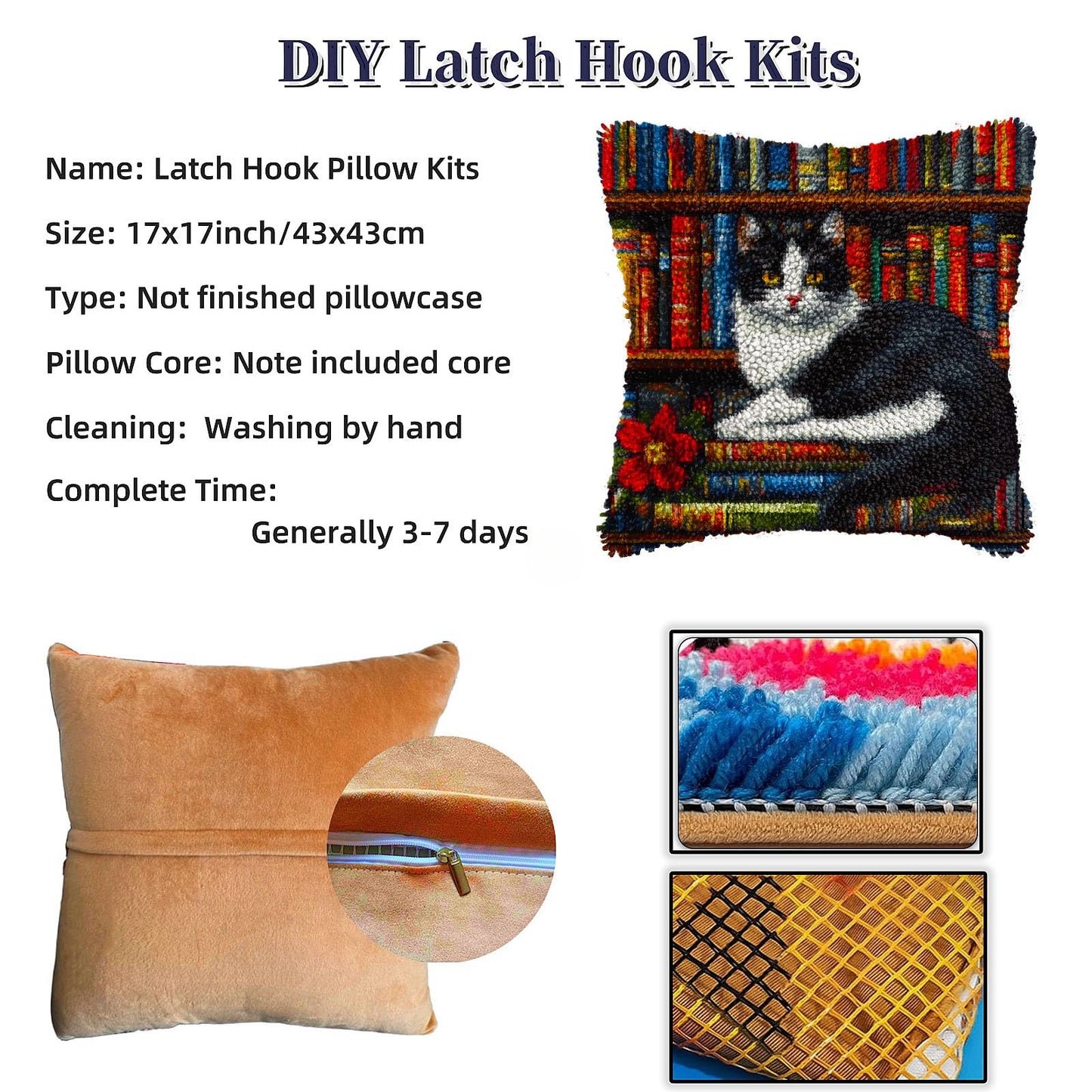 DIY Latch Hook Pillow Cover Kits Black and White Cat on Bookshelf Stampled Handamade Pillowcase Crochet Yarn Hook and Latch Emboridery Throw Pillow for Home Sofa Decor 43x43cm(4)