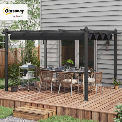 Outsunny 10' x 13' Retractable Pergola Canopy, Wood Grain Aluminum Pergola, Outdoor Sun Shade Shelter for Grill, Garden, Patio, Backyard, Deck, Gray