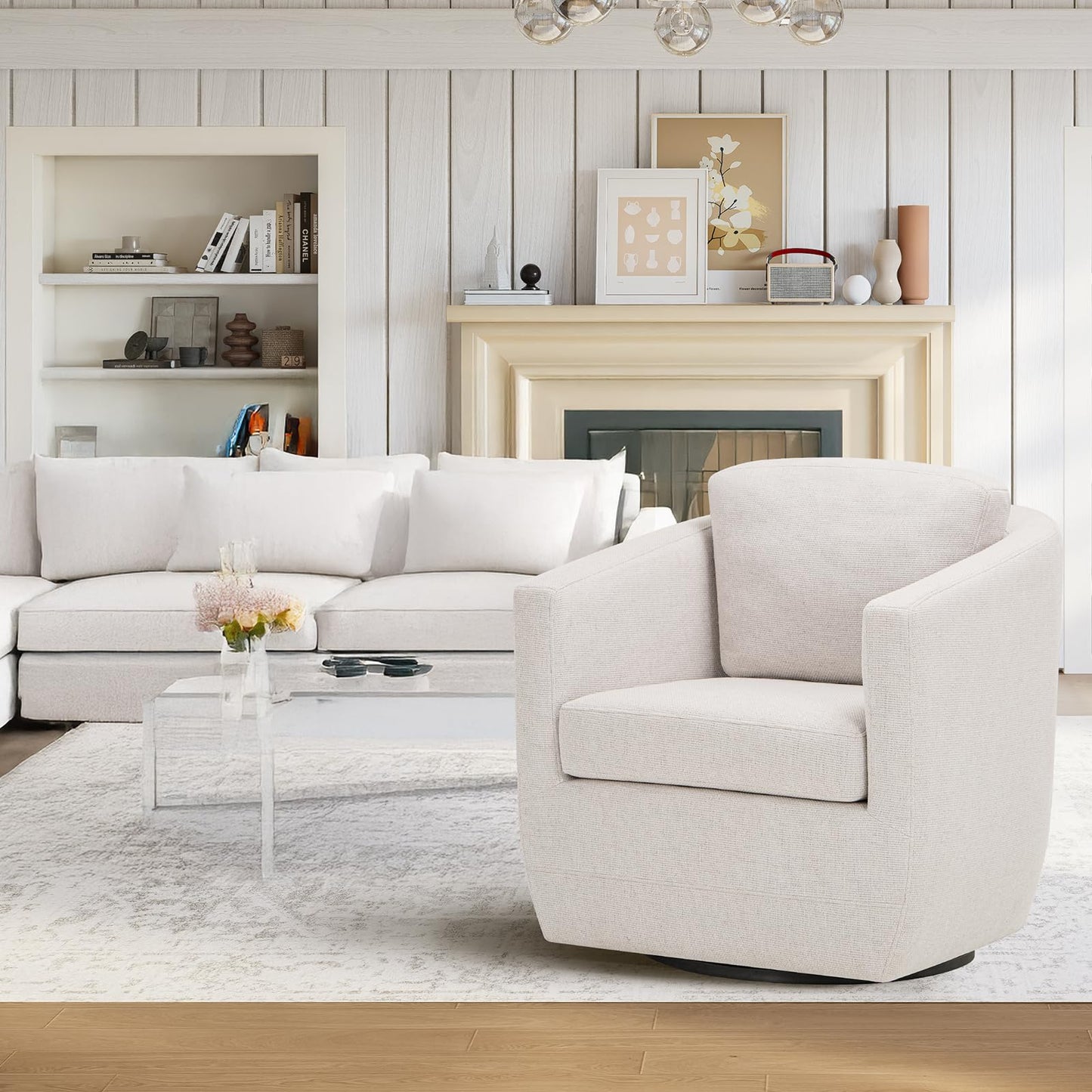 COLAMY 360° Swivel Accent Chair Set of 2 No-Sag Foam & Sturdy Metal Base, Fully Assembled Living Room Armchair with Pillow, Swivel Accent Single Sofa for Bedroom Living Room, Reading Room, Beige