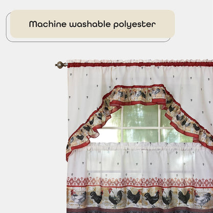 Printed Tier and Swag Window Curtain Set, 57 Inch Width, 36 Inch Length, Rooster, Machine Washable
