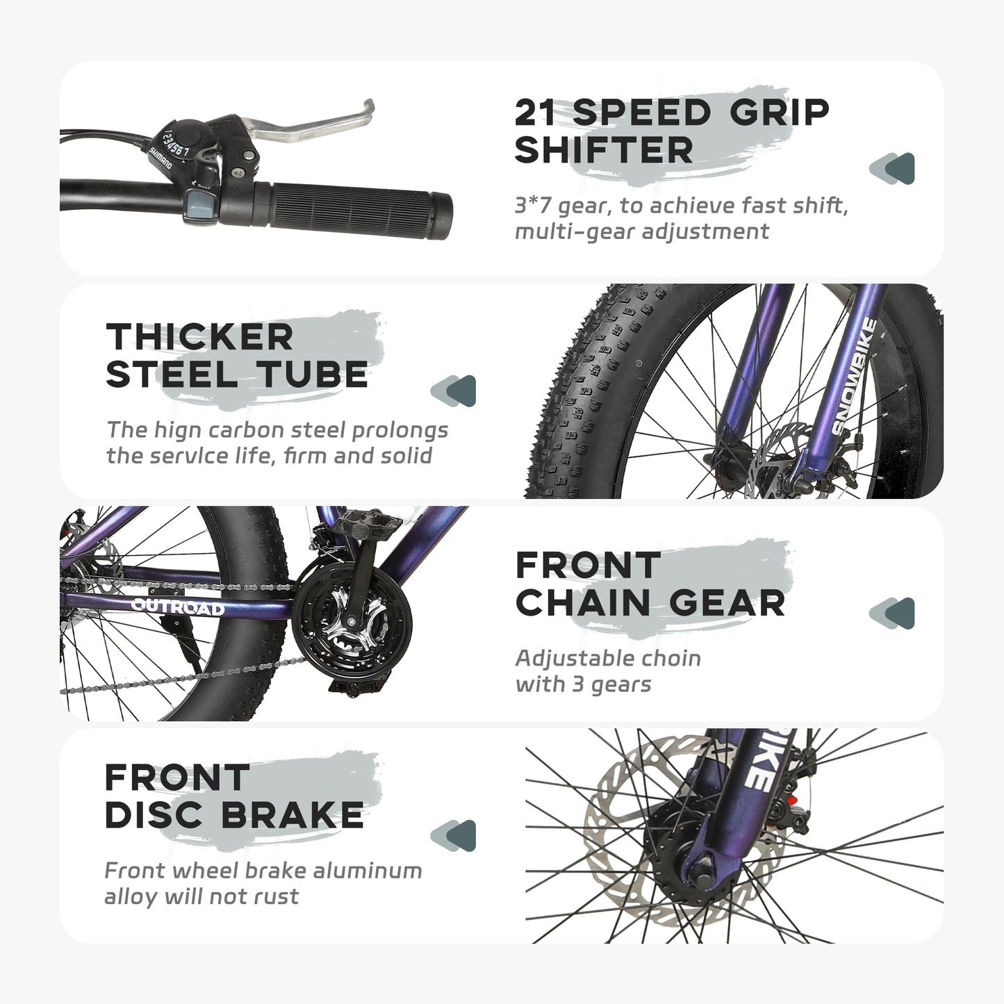 Outroad Mountain Bike Fat Tire with 4-Inch Tire 26 inch Wheels, 21 Speed with High Carbon Steel Frame, Double Disc Brake and Front Suspension Anti-Slip Bikes, Purple
