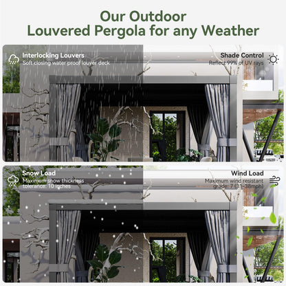 Aoxun Louvered Pergola 10x12 All-Aluminum Outdoor Gazebo with Independent Adjustable Roofs, Waterproof Curtains and Netting, Integrated Drainage System for Patios & Backyard