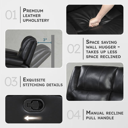 Lexicon Manual Double Reclining Loveseat - Top Grain Leather Match Manual Tab Pull Loveseat Recliner for Living Room, Wall Hugger, Pillow Top Arms, Padded Headrest, Foam Over Pocket Coils Seat, Black