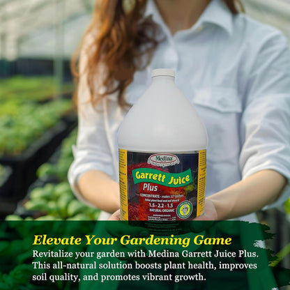 1 Medina Garrett Juice Plus -Liquid Plant Food & Fertilizer for Houseplants, Lawn, & Garden | Foliar Solution & Growth