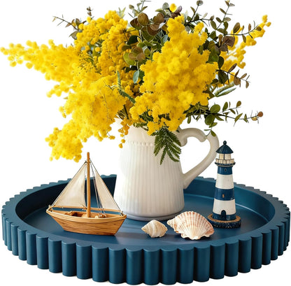 12in Handmade Decorative Tray for Coffee Table Tray Decor, Blue Wooden Decorative Round Tray for Kitchen, Living Room