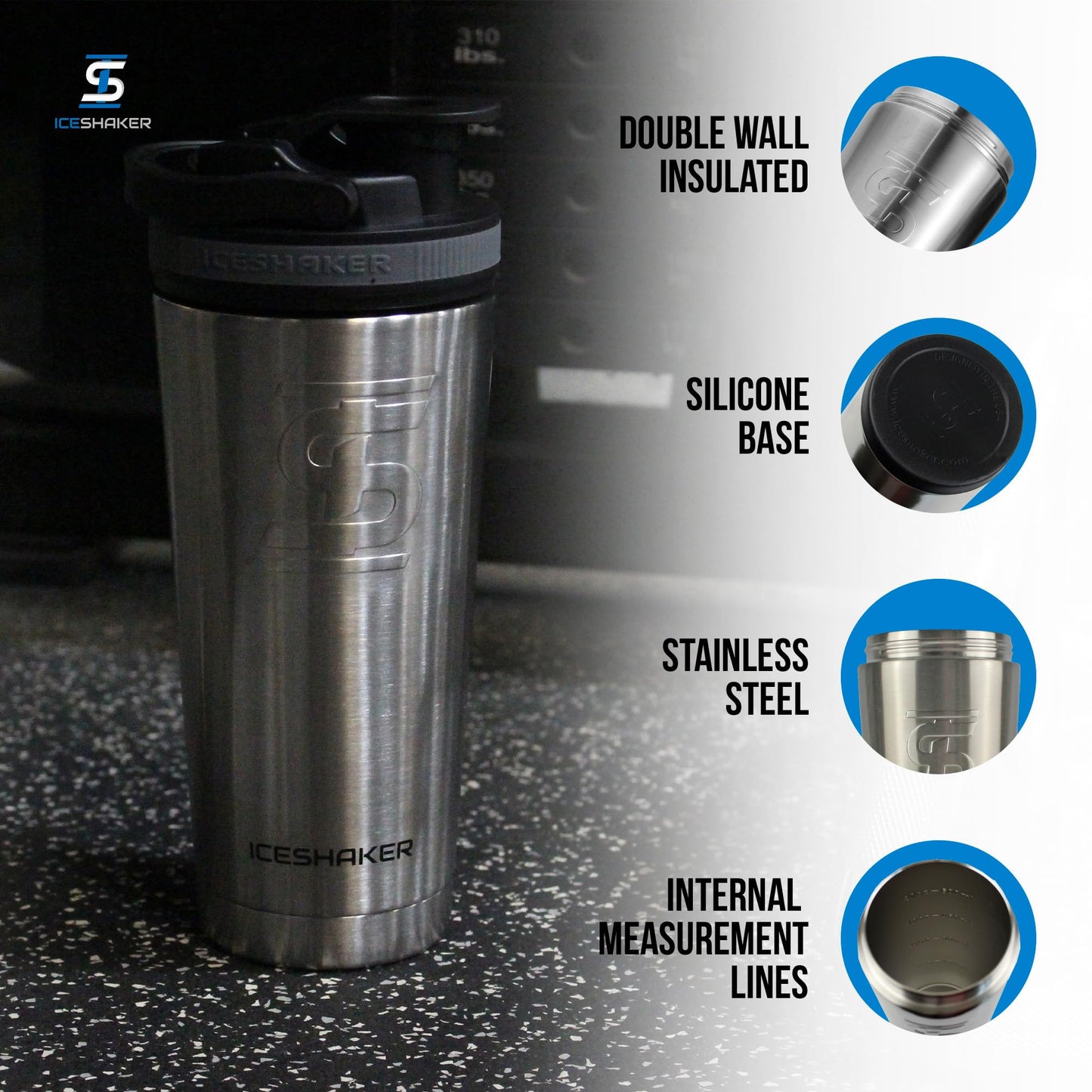 Ice Shaker Insulated Stainless Steel Shaker Bottle | 26oz, Stainless Steel | Cold for 30+ Hours | Insulated Cup with Twist-on Agitator | Odor-Free Bottle for Protein Shakes, Water, Cocktails