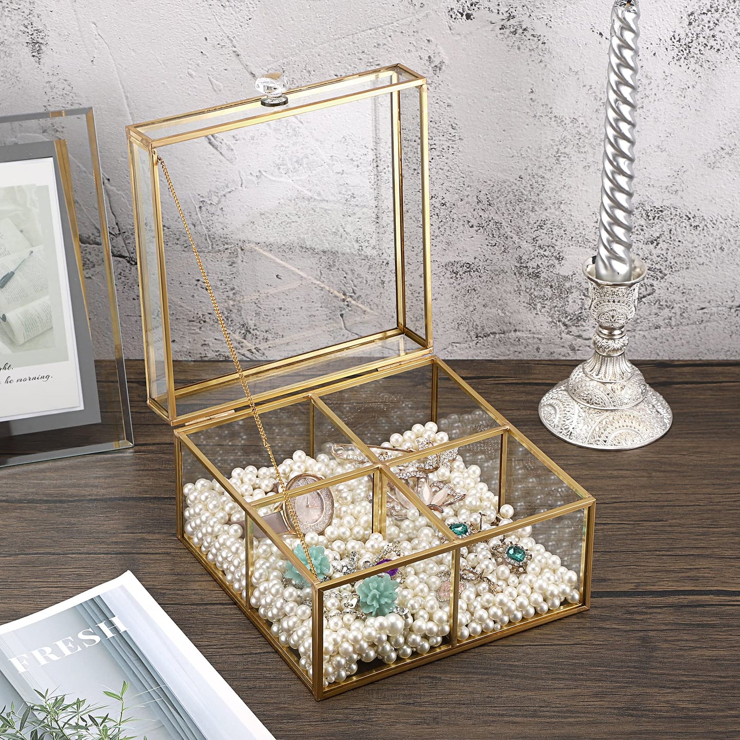 ELLDOO Gold Glass Tea Bags Box with Lid, Trinket Jewelry Box Countertop Storage for Sugar Packets Makeup Sponges Jewelry, 4 Grids, Glass Box Only