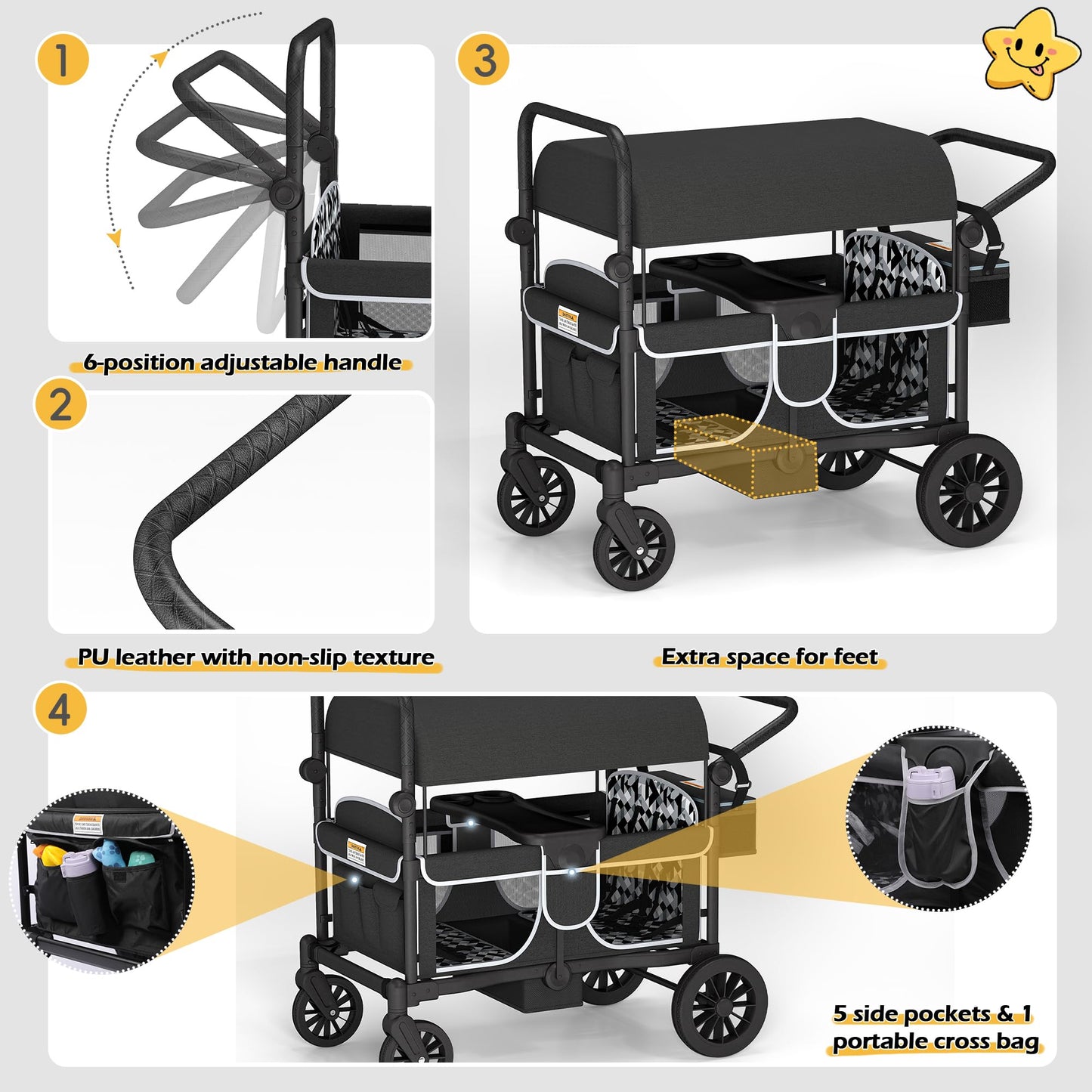 TOLEAD Wagon Stroller for 4 Kids, Foldable 4 Seats Outdoor Stroller Wagon with Canopy, Adjustable Handlebars, 5-Point Safety Harness, Detachable Tray, Portable Bag (Black)