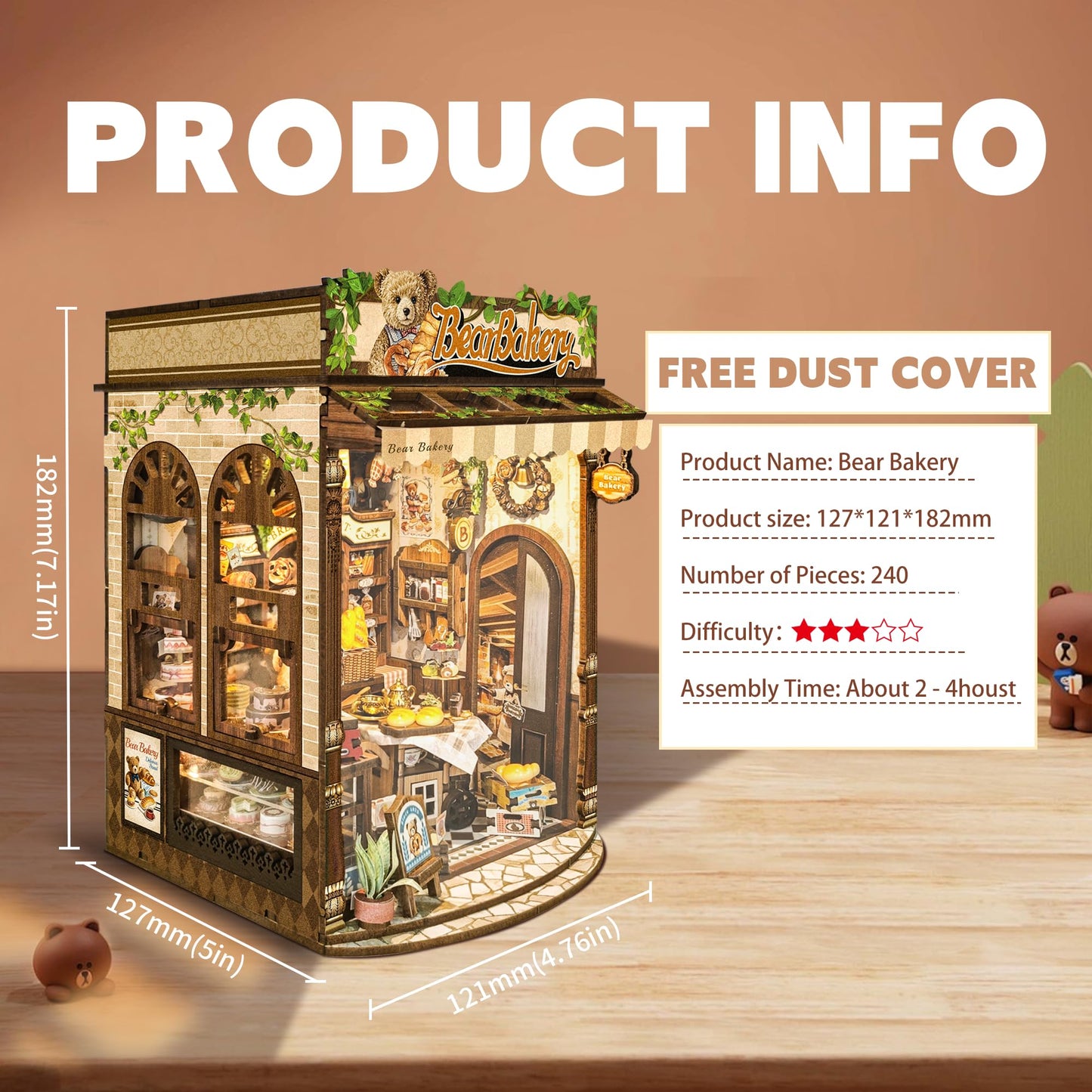IBOHEYE Mini Book Nook Kit,DIY Miniature House kit,3D Puzzle Dollhouse Bookshelf Decor,Store Theme Booknook with LED Light Dust Cover,Gifts for Adults Teens and Beginners- Bear Bakery(SQ-65)