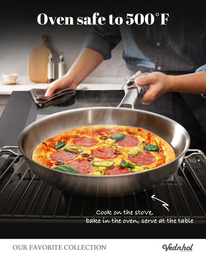 VEDNHOL Stainless Steel Frying Pan 12 Inch with Lid, Fully Clad Tri-Ply Stainless Steel Skillet for Even Heating, Brushed Finish, Dishwasher & Oven Safe, Induction & All Stovetops Compatible