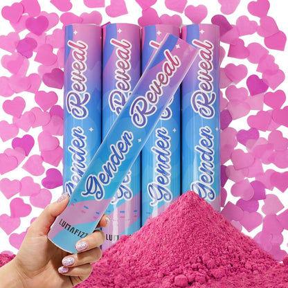 12Inches 4Pcs 4 Pack Gender Reveal Confetti Cannon - Biodegradable Powder & Heart Shaped Confetti Poppers - Pink