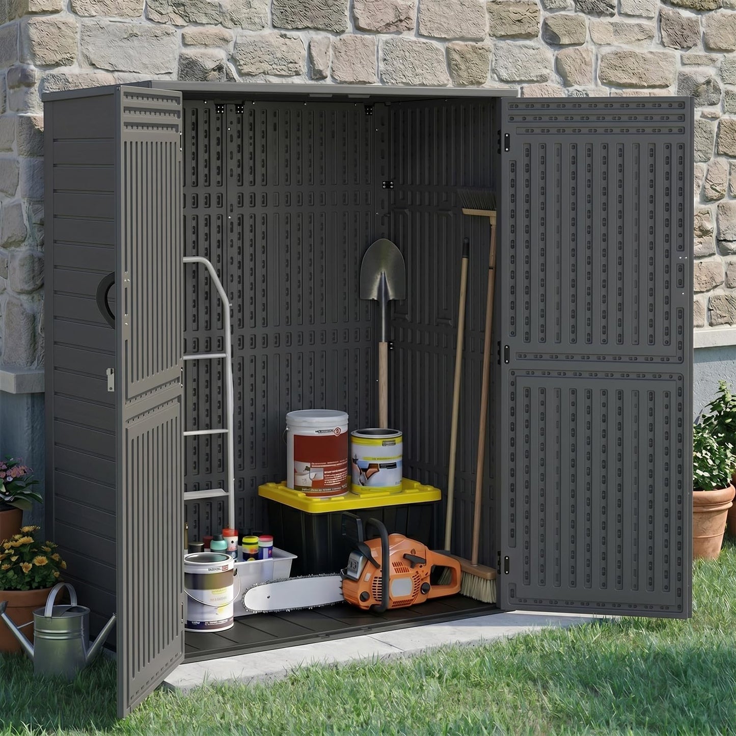 EHHLY Vertical Resin Storage Shed, 60 Cuft Garden Tool Sheds & Outdoor Storage, Plastic Outdoor Storage Cabinet Waterproof, 4.5 x 2.3 ft Backyard Outside Lawn Mower Storage Shed, Grey