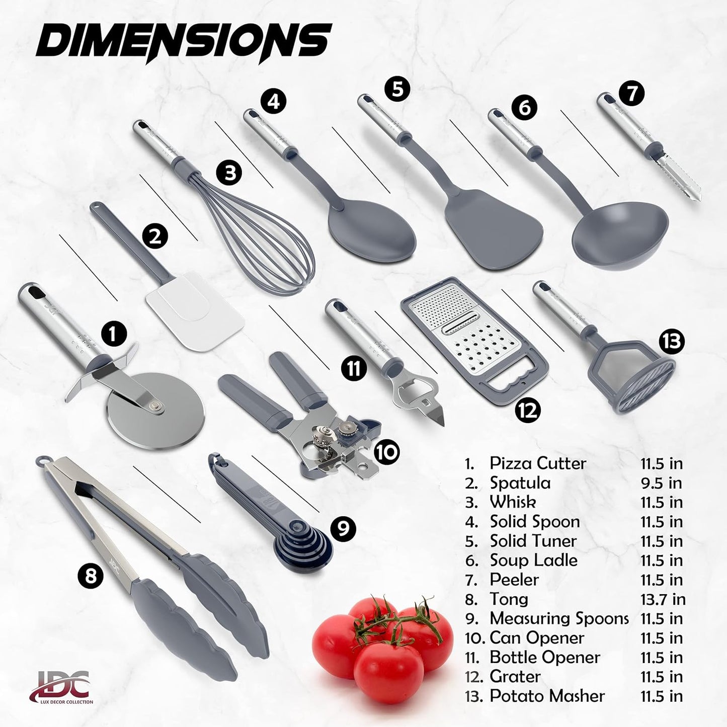 LUX Decor 23 PCS Kitchen Utensils Set - Non-Stick Nylon Cooking Spatula Set with Stainless Steel Handles - Grey